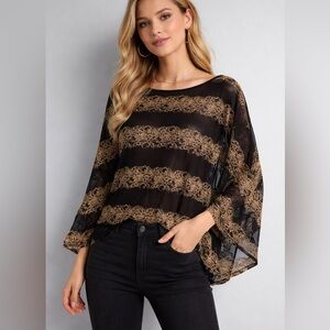 Orange Sheer Black & Gold Lace Stripe Top